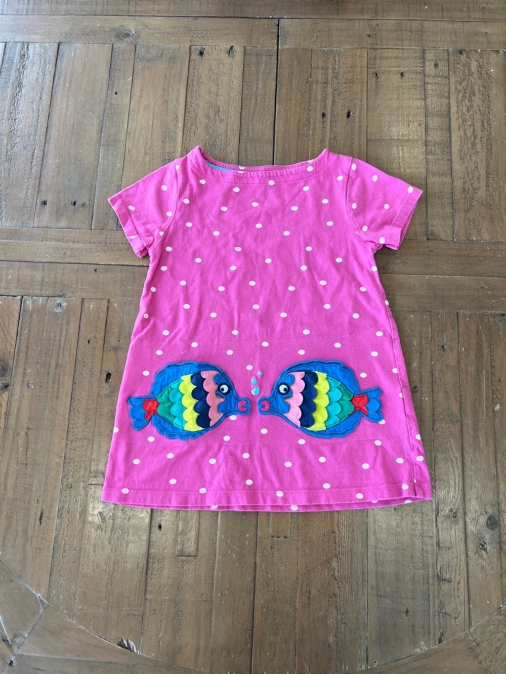 Mini Boden pink polka dot fish appliqué pocket tunic dress 4-5 years